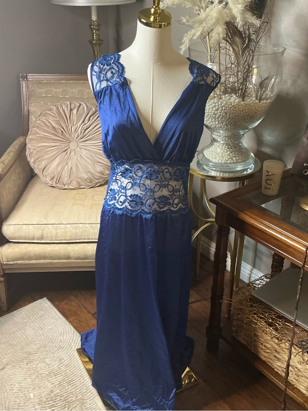 Vintage Movie Star Royal Blue Plus Size Lace Maxi Nightgown 1X made in USA